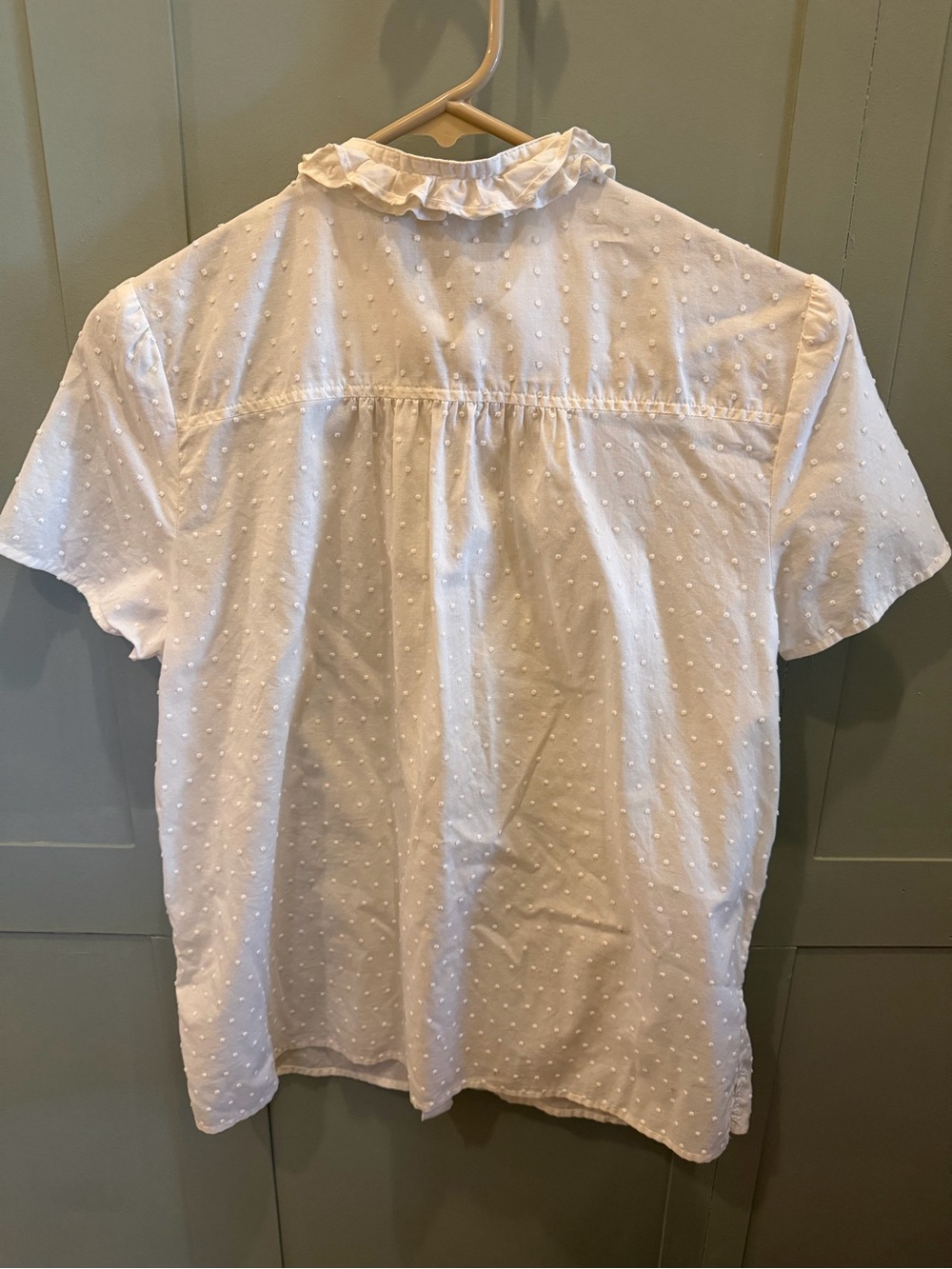 J. Crew White Ruffle Front Dot-Texture Short Sleeve Shirt - Picture 5 of 6